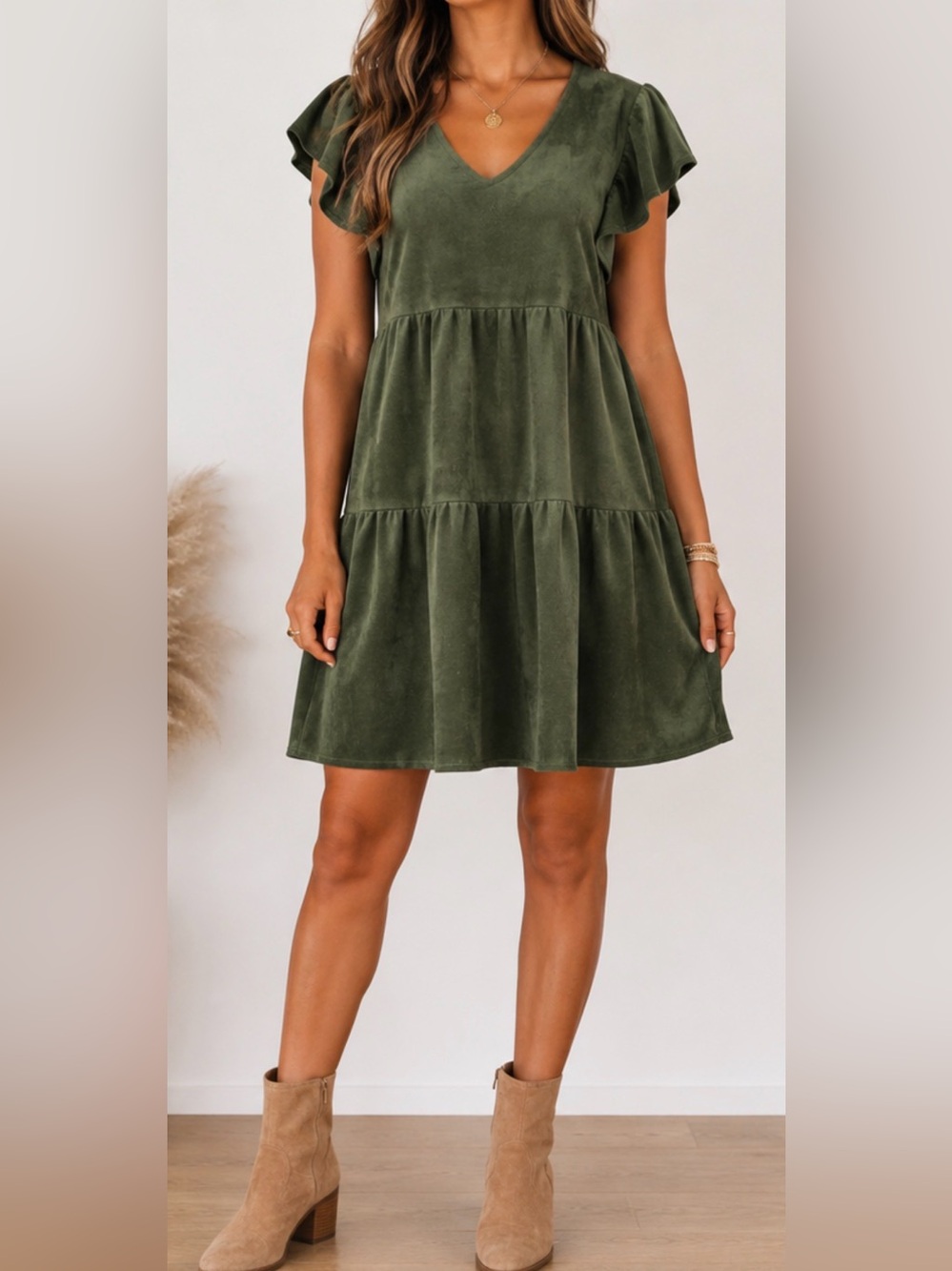 VOY Olive Green Velvet Tiered Dress V Neck Flutter Ruffle Sleeve Boho M.